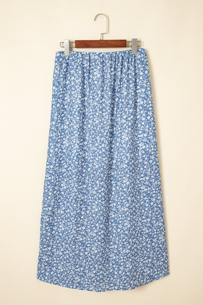 Sky Blue Boho Floral High Waist Long Skirt with Side Split - Love Salve
