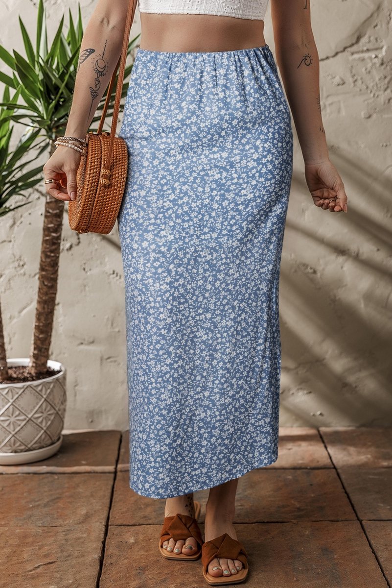 Sky Blue Boho Floral High Waist Long Skirt with Side Split - Love Salve