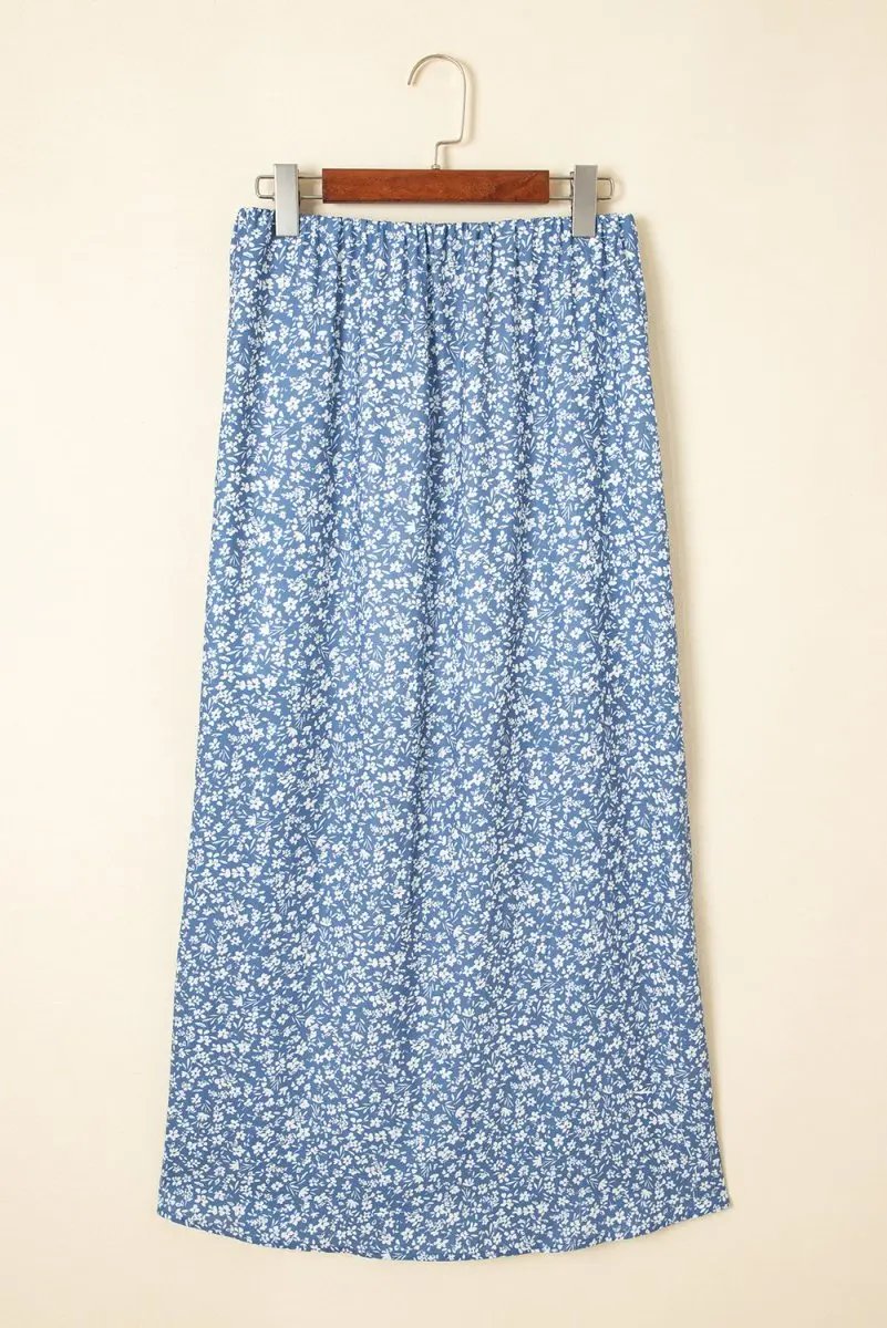 Sky Blue Boho Floral High Waist Long Skirt with Side Split - Love Salve 