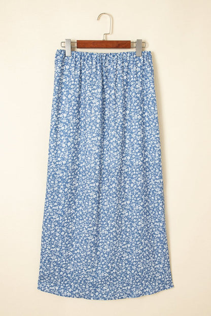 Sky Blue Boho Floral High Waist Long Skirt with Side Split - Love Salve