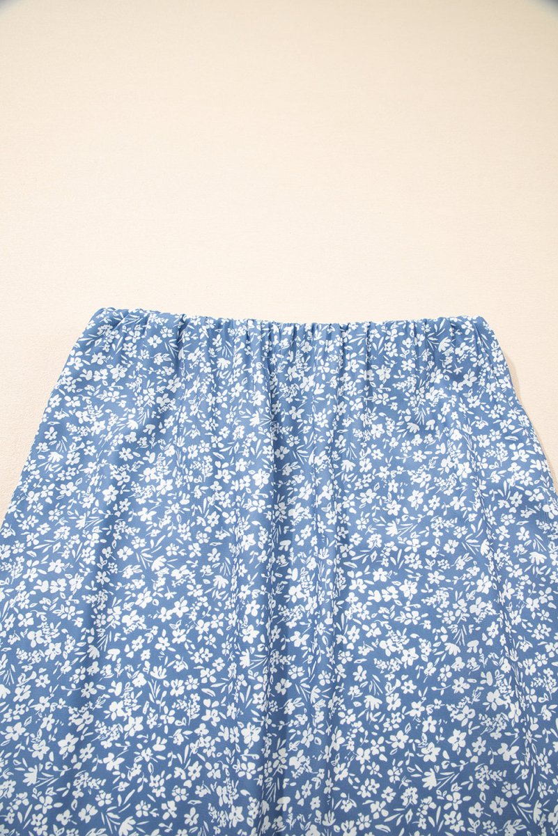 Sky Blue Boho Floral High Waist Long Skirt with Side Split - Love Salve