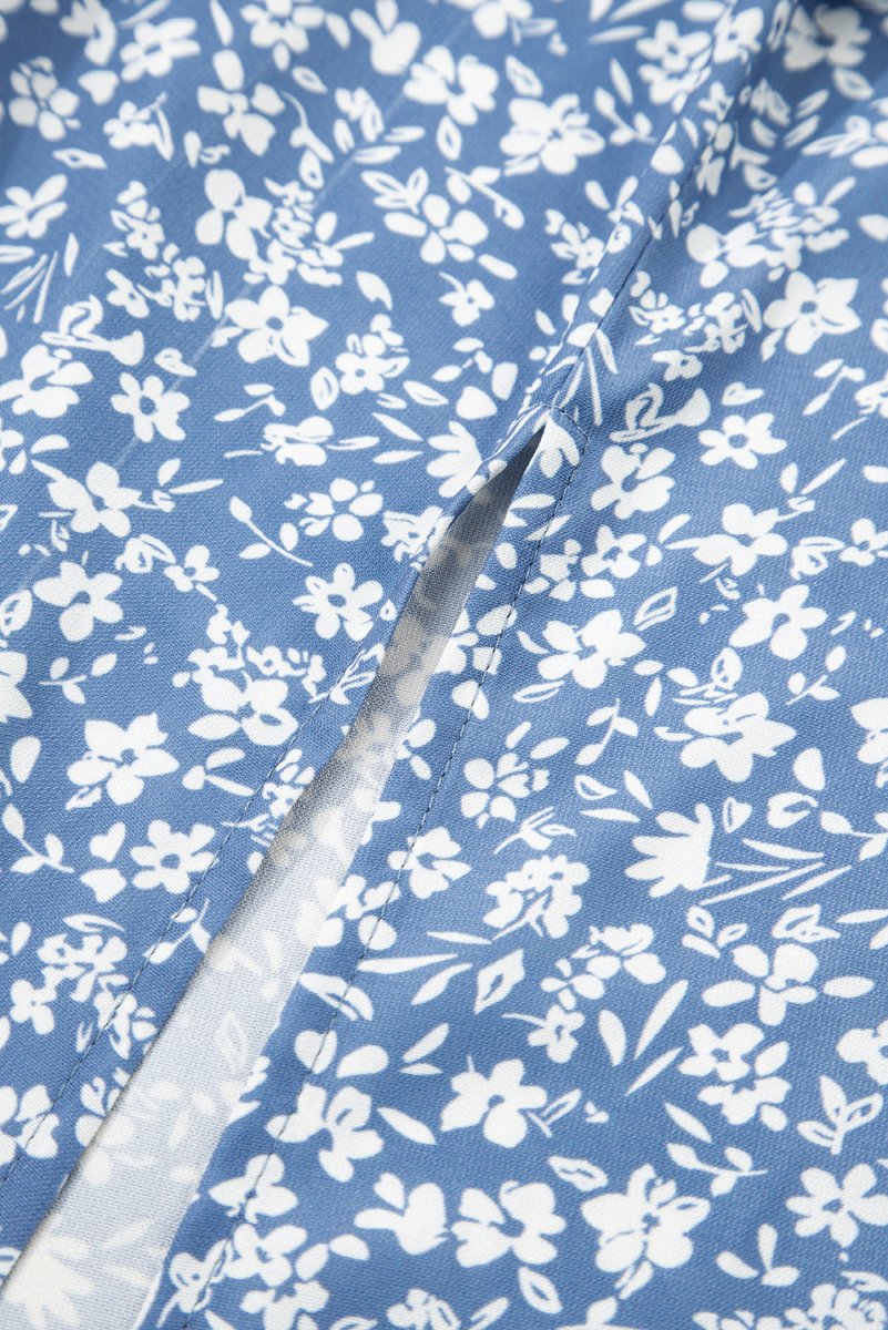 Sky Blue Boho Floral High Waist Long Skirt with Side Split - Love Salve