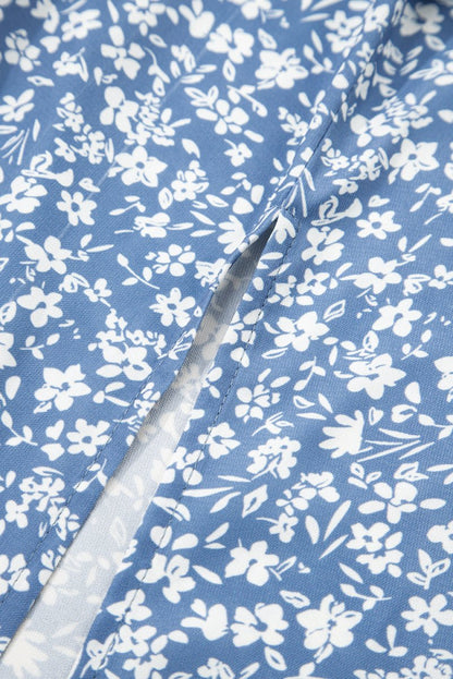 Sky Blue Boho Floral High Waist Long Skirt with Side Split - Love Salve