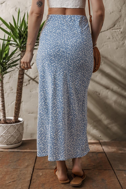 Sky Blue Boho Floral High Waist Long Skirt with Side Split - Love Salve