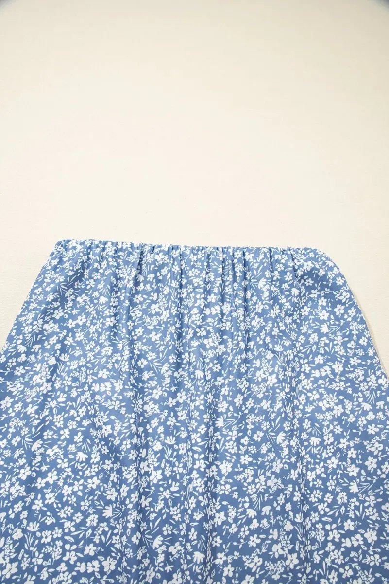 Sky Blue Boho Floral High Waist Long Skirt with Side Split - Love Salve 