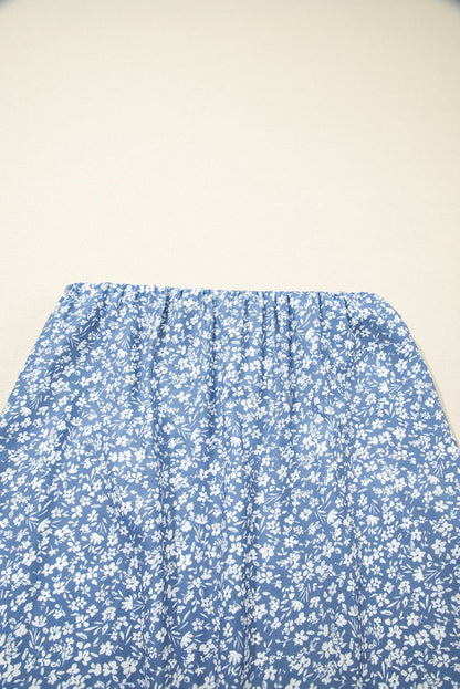 Sky Blue Boho Floral High Waist Long Skirt with Side Split - Love Salve