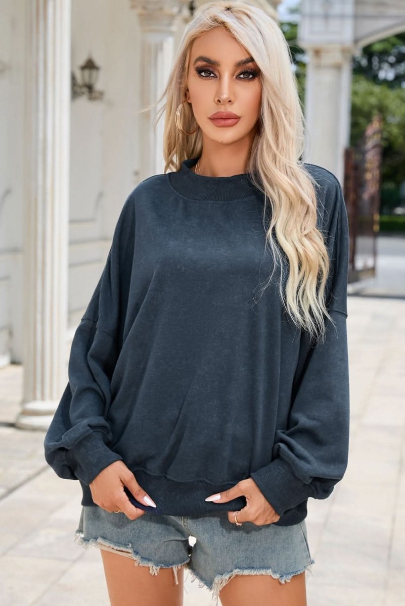 Sky Blue Drop Shoulder Crew Neck Pullover Sweatshirt - Love Salve 