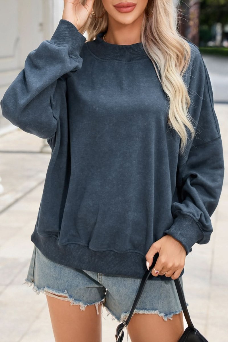Sky Blue Drop Shoulder Crew Neck Pullover Sweatshirt - Love Salve 