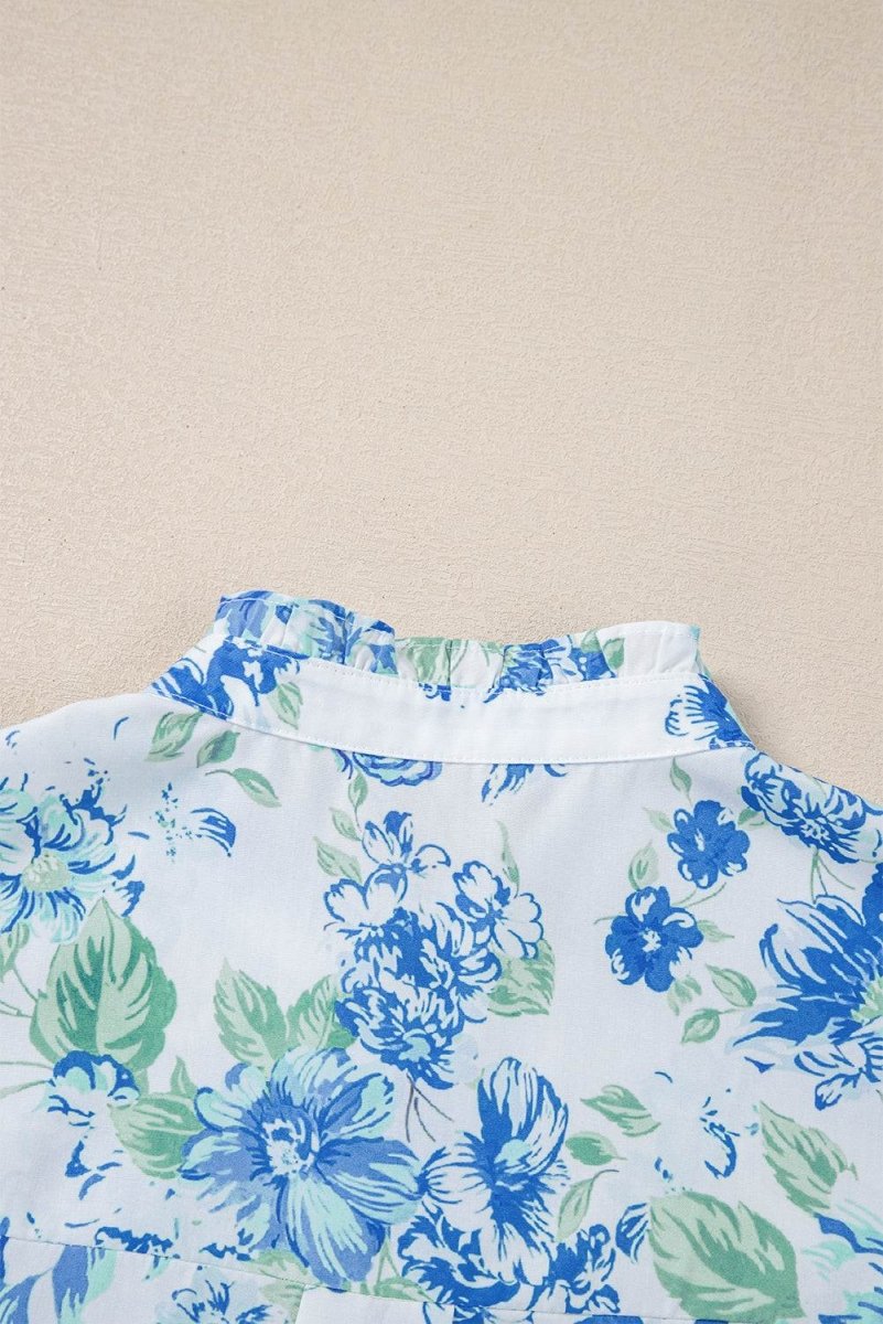 Sky Blue Floral Print Ruffle Sleeve Frilly Button Up Shirt - Love Salve 