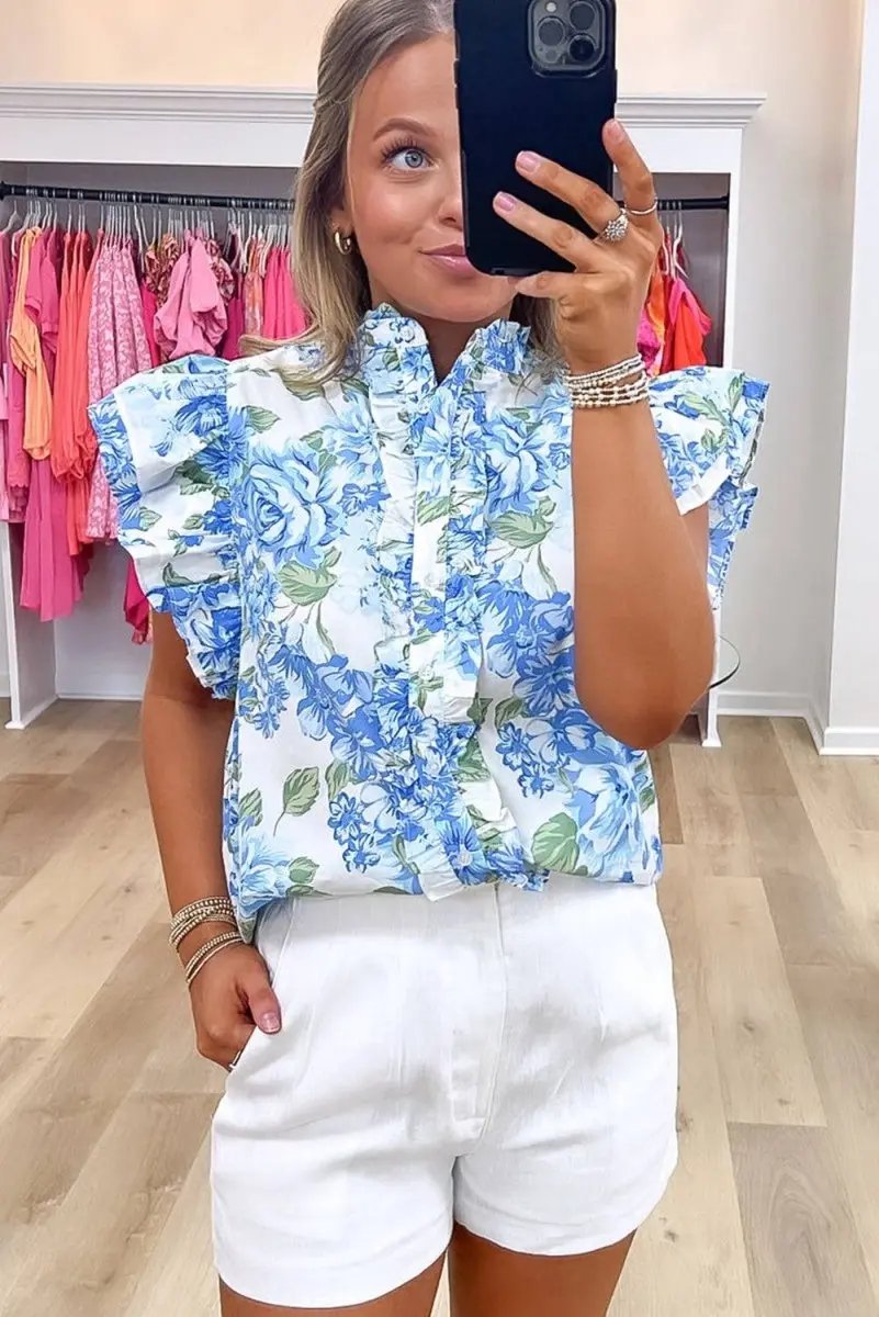 Sky Blue Floral Print Ruffle Sleeve Frilly Button Up Shirt - Love Salve 