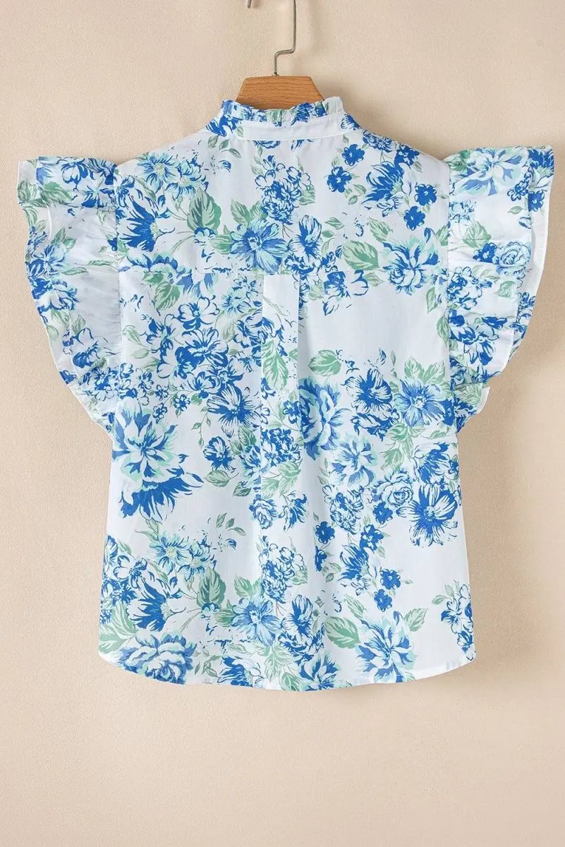 Sky Blue Floral Print Ruffle Sleeve Frilly Button Up Shirt - Love Salve 
