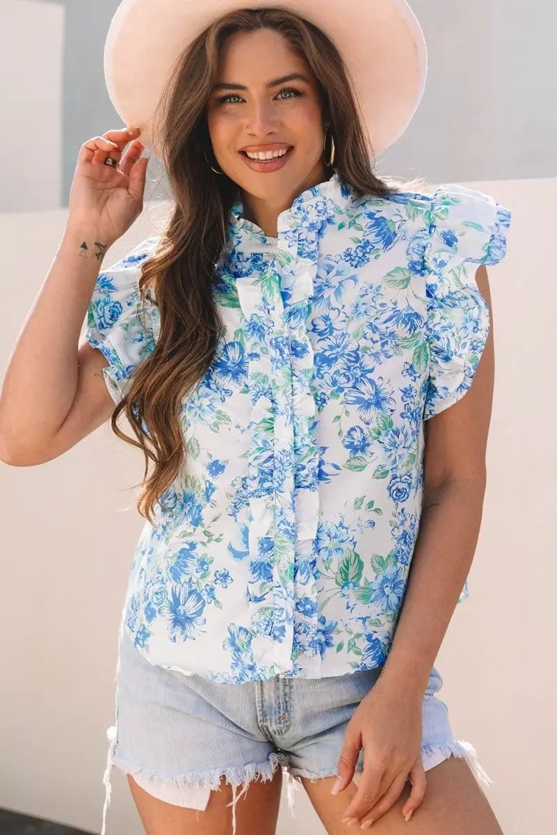 Sky Blue Floral Print Ruffle Sleeve Frilly Button Up Shirt - Love Salve 