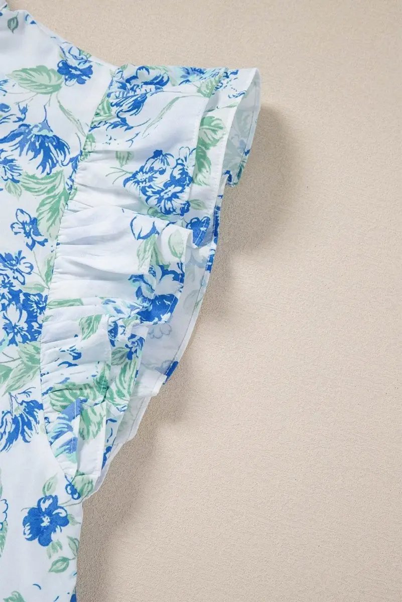 Sky Blue Floral Print Ruffle Sleeve Frilly Button Up Shirt - Love Salve 