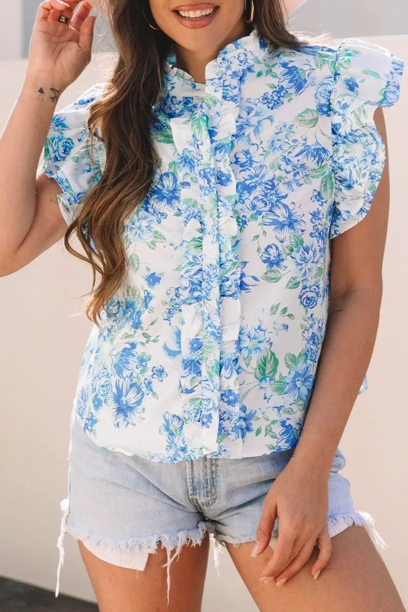 Sky Blue Floral Print Ruffle Sleeve Frilly Button Up Shirt - Love Salve 