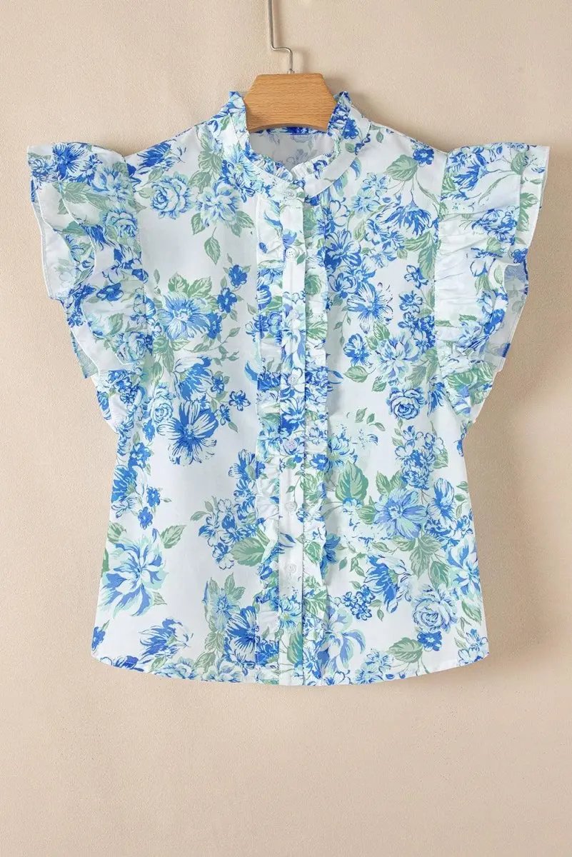 Sky Blue Floral Print Ruffle Sleeve Frilly Button Up Shirt - Love Salve 