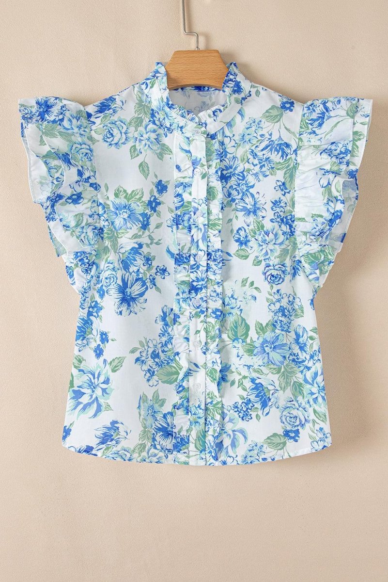 Sky Blue Floral Print Ruffle Sleeve Frilly Button Up Shirt - Love Salve 