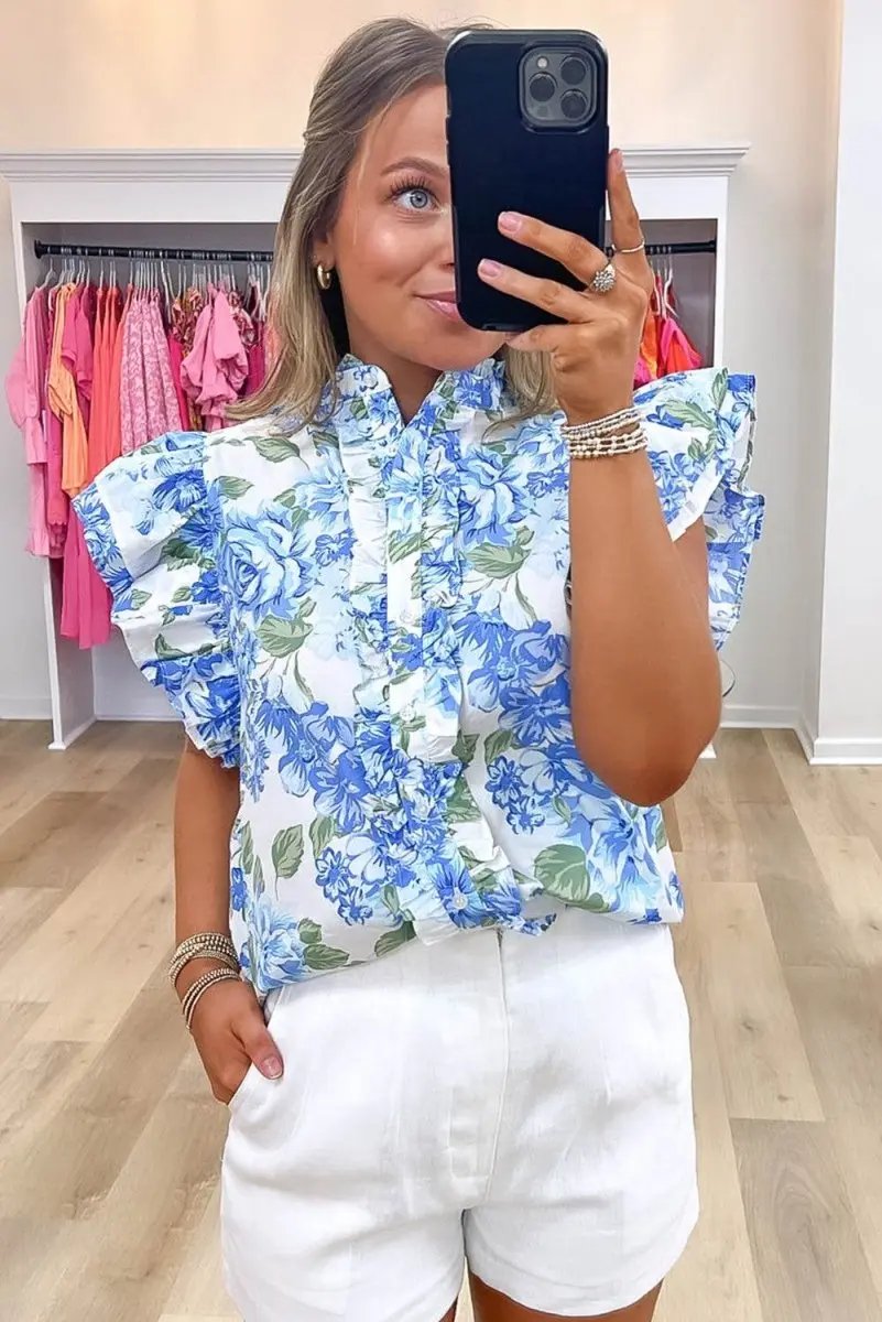 Sky Blue Floral Print Ruffle Sleeve Frilly Button Up Shirt - Love Salve 