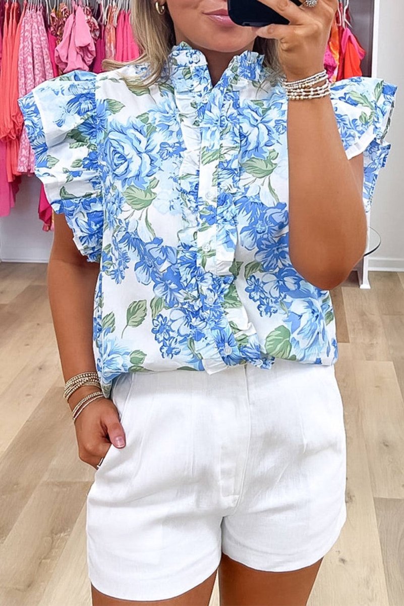 Sky Blue Floral Print Ruffle Sleeve Frilly Button Up Shirt - Love Salve 