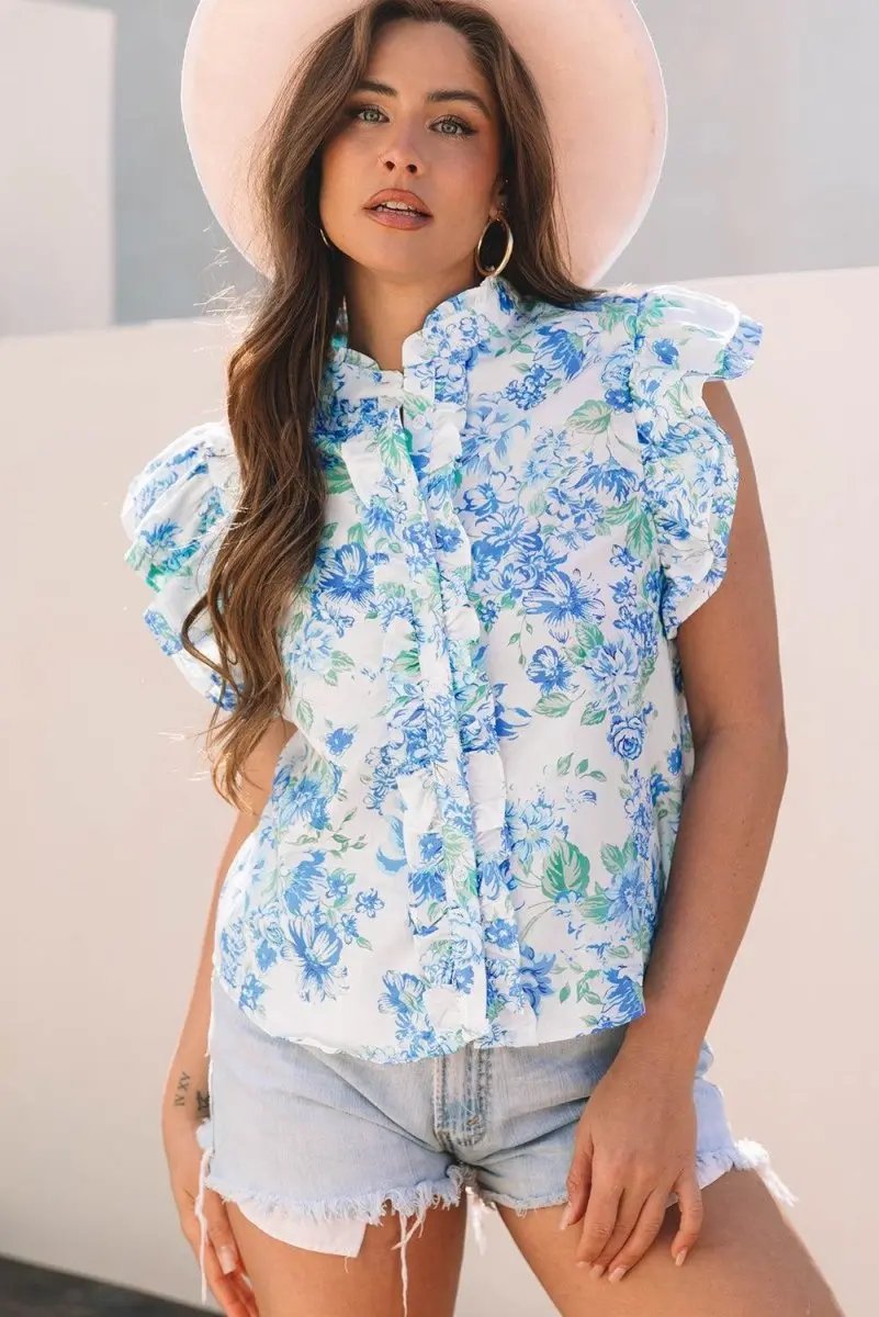 Sky Blue Floral Print Ruffle Sleeve Frilly Button Up Shirt - Love Salve 