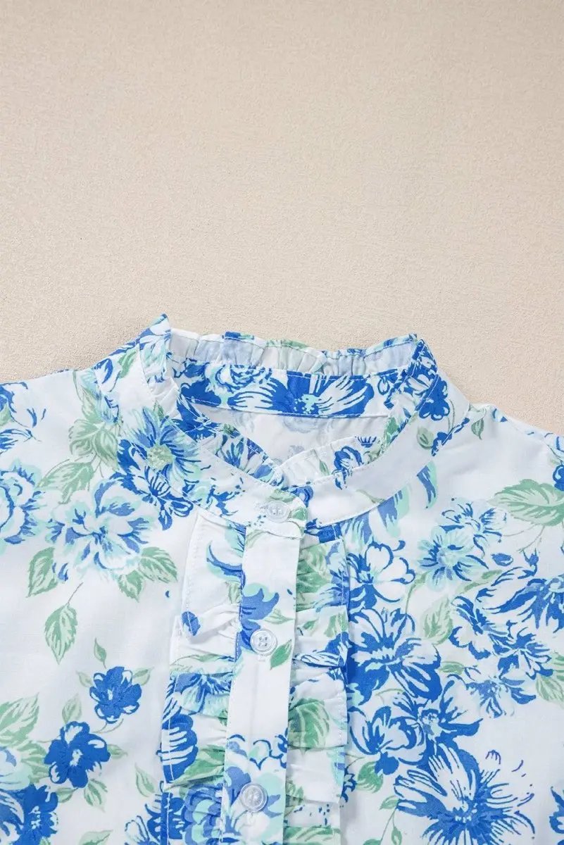 Sky Blue Floral Print Ruffle Sleeve Frilly Button Up Shirt - Love Salve 