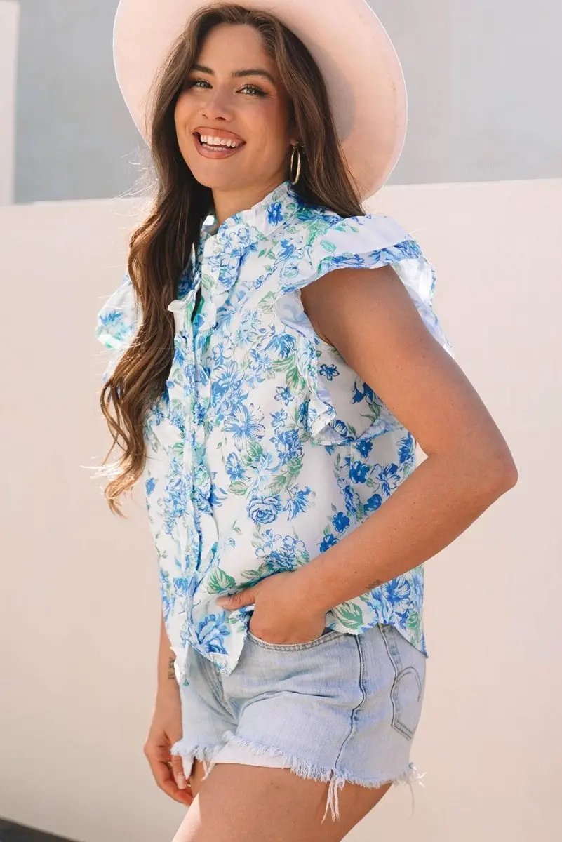 Sky Blue Floral Print Ruffle Sleeve Frilly Button Up Shirt - Love Salve 
