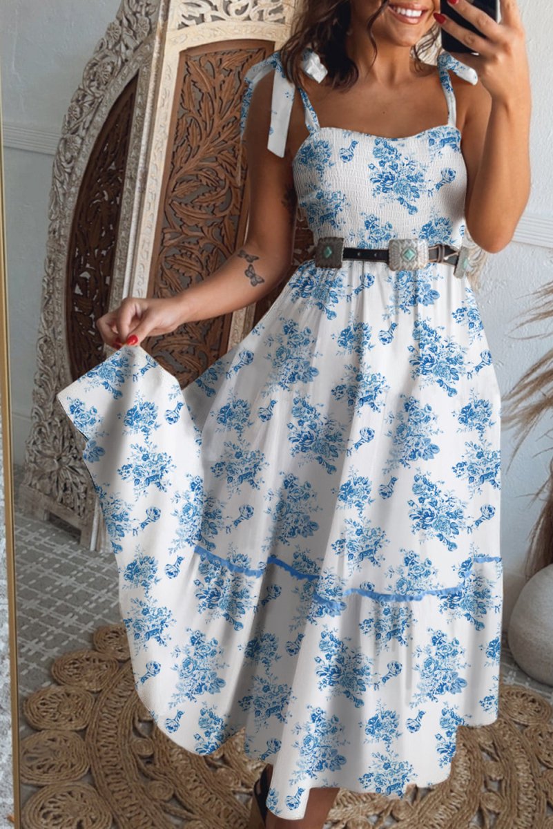 Sky Blue Floral Print Shirred Knot Shoulder Dress - Love Salve 