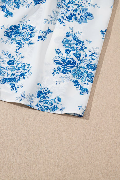Sky Blue Floral Print Shirred Knot Shoulder Dress - Love Salve 
