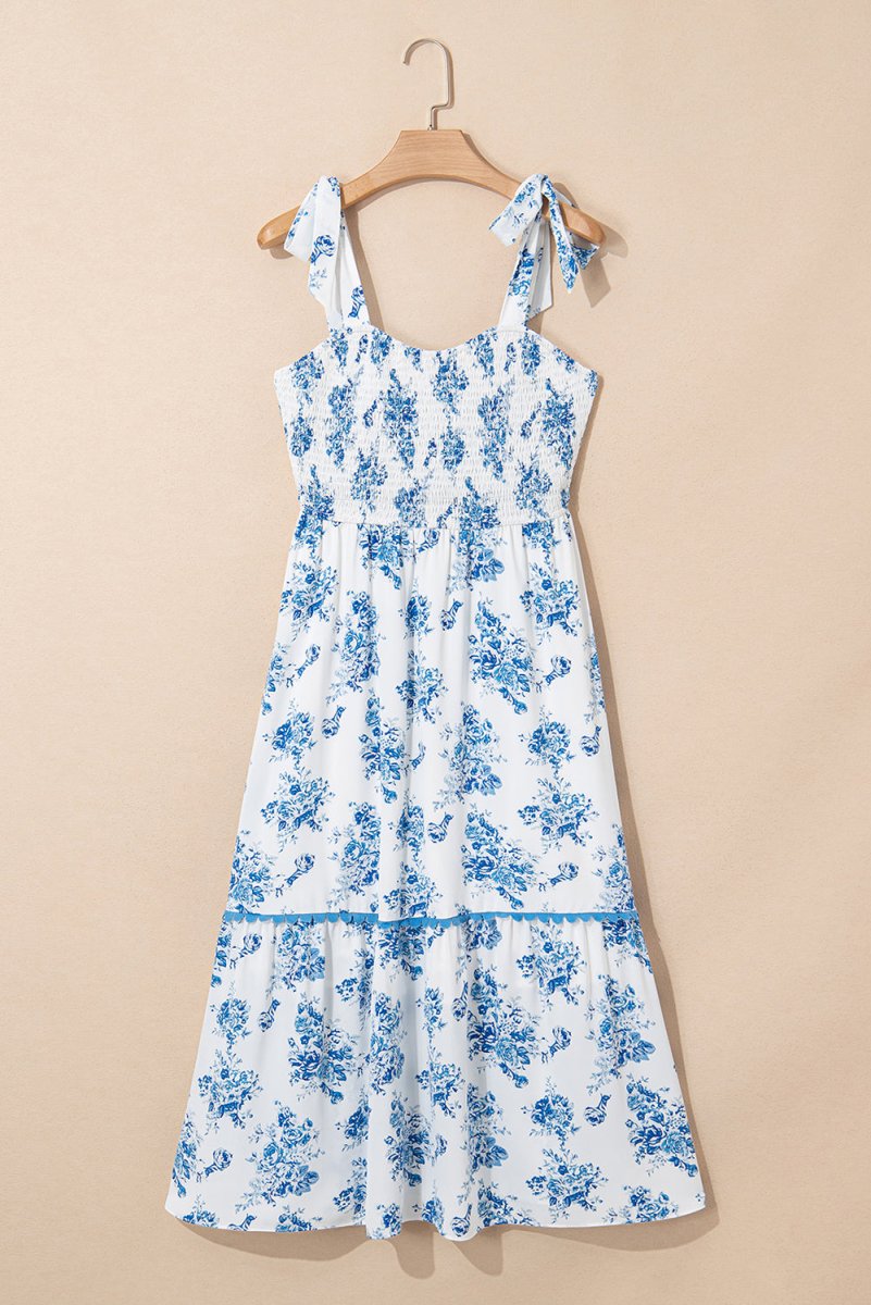 Sky Blue Floral Print Shirred Knot Shoulder Dress - Love Salve 