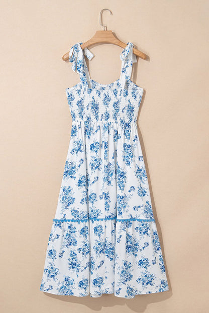 Sky Blue Floral Print Shirred Knot Shoulder Dress - Love Salve 