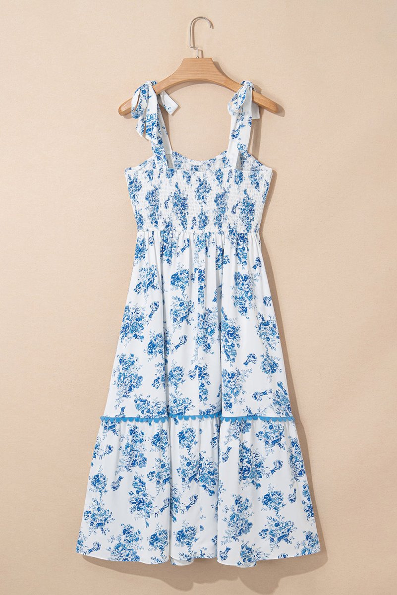 Sky Blue Floral Print Shirred Knot Shoulder Dress - Love Salve 