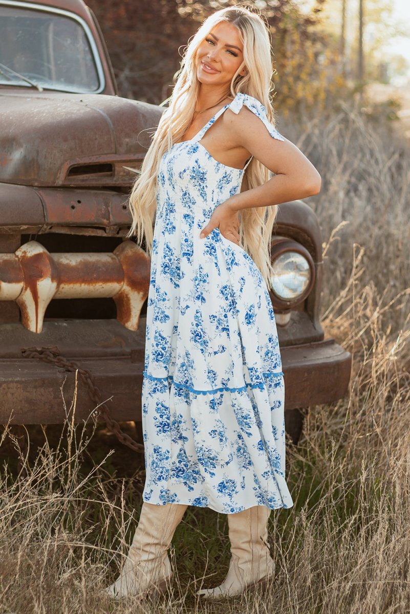 Sky Blue Floral Print Shirred Knot Shoulder Dress - Love Salve 
