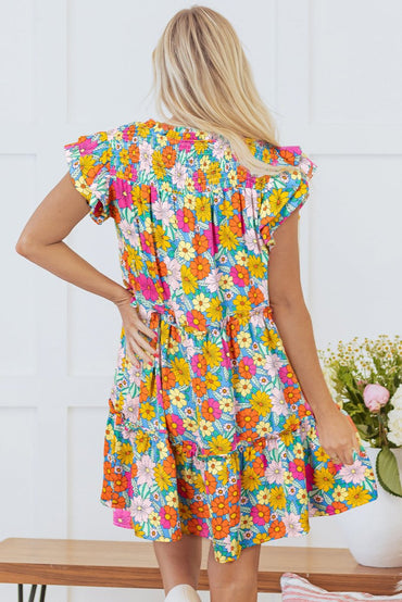 Sky Blue Floral Print Smocked Notch V Neck Flutter Sleeve Dress - Love Salve 