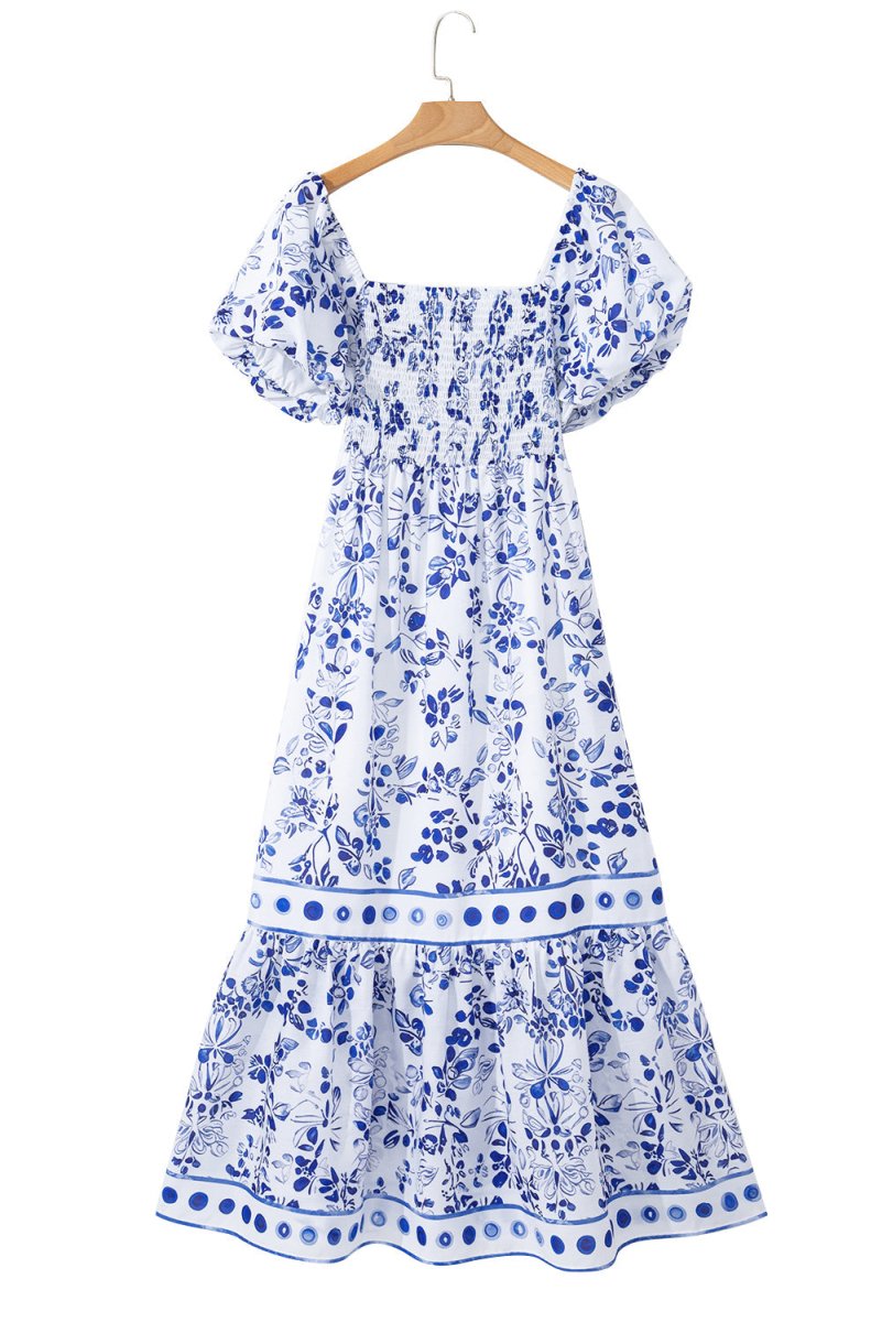 Sky Blue Floral Print Square Neck Bubble Sleeve Dress - Love Salve 