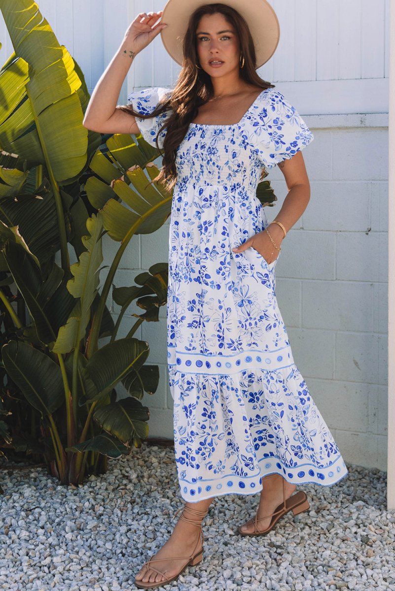 Sky Blue Floral Print Square Neck Bubble Sleeve Dress - Love Salve 