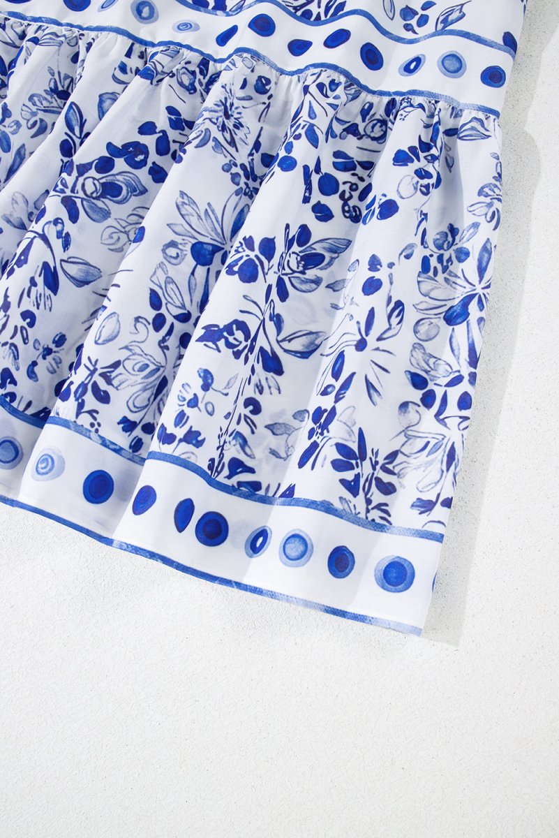 Sky Blue Floral Print Square Neck Bubble Sleeve Dress - Love Salve 