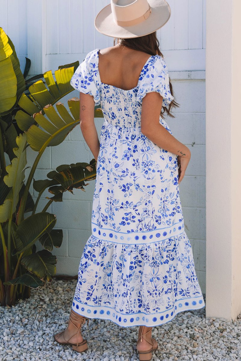 Sky Blue Floral Print Square Neck Bubble Sleeve Dress - Love Salve 