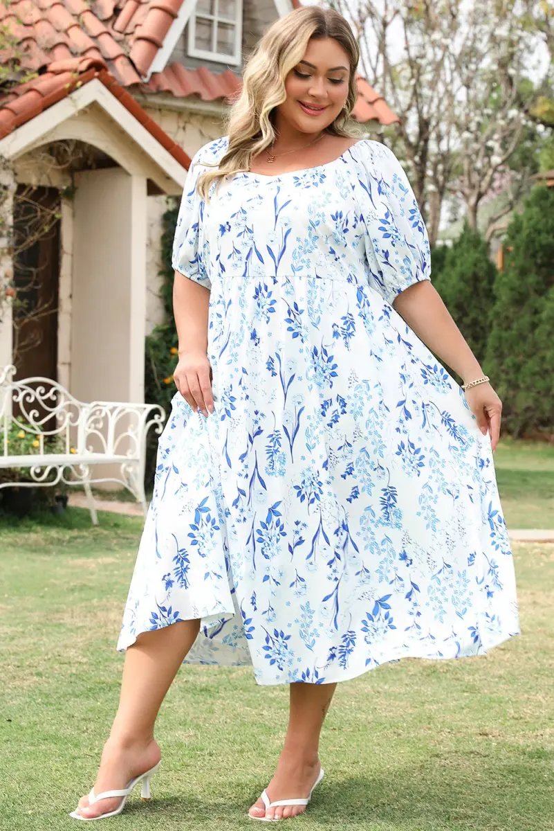 Sky Blue Floral Print Sweetheart Neck Plus Size Midi Dress - Love Salve 