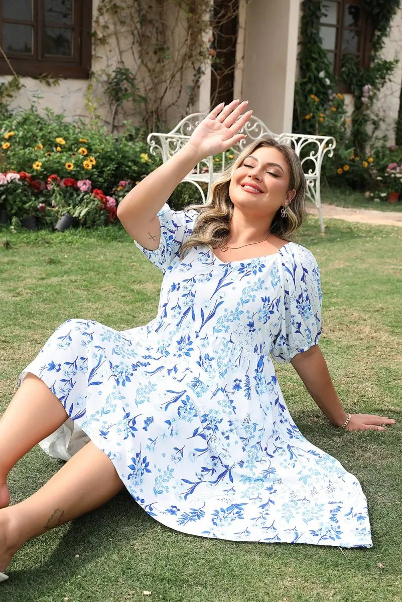 Sky Blue Floral Print Sweetheart Neck Plus Size Midi Dress - Love Salve 