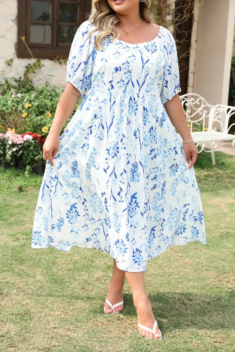 Sky Blue Floral Print Sweetheart Neck Plus Size Midi Dress - Love Salve 