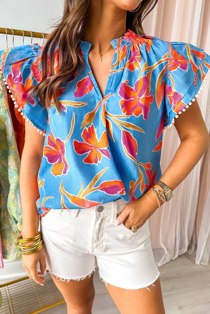 Sky Blue Floral Print V Neck Pompom Trim Flutter Sleeve Blouse - Love Salve 