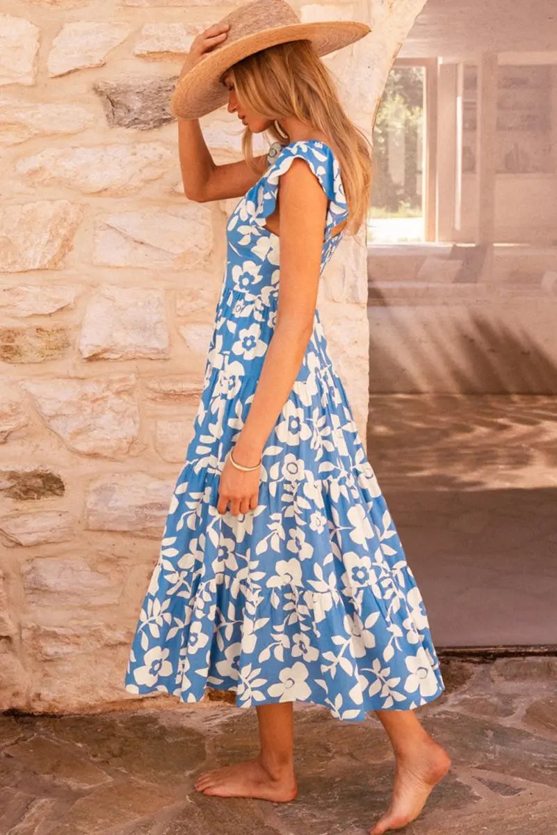 Sky Blue Floral U Neck Flutter Shoulder Tiered Flowy Dress - Love Salve 