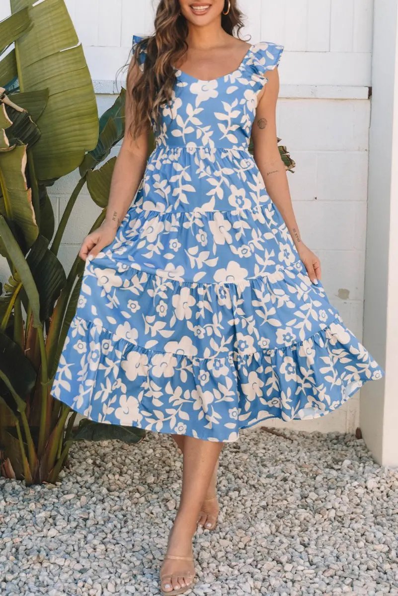 Sky Blue Floral U Neck Flutter Shoulder Tiered Flowy Dress - Love Salve 