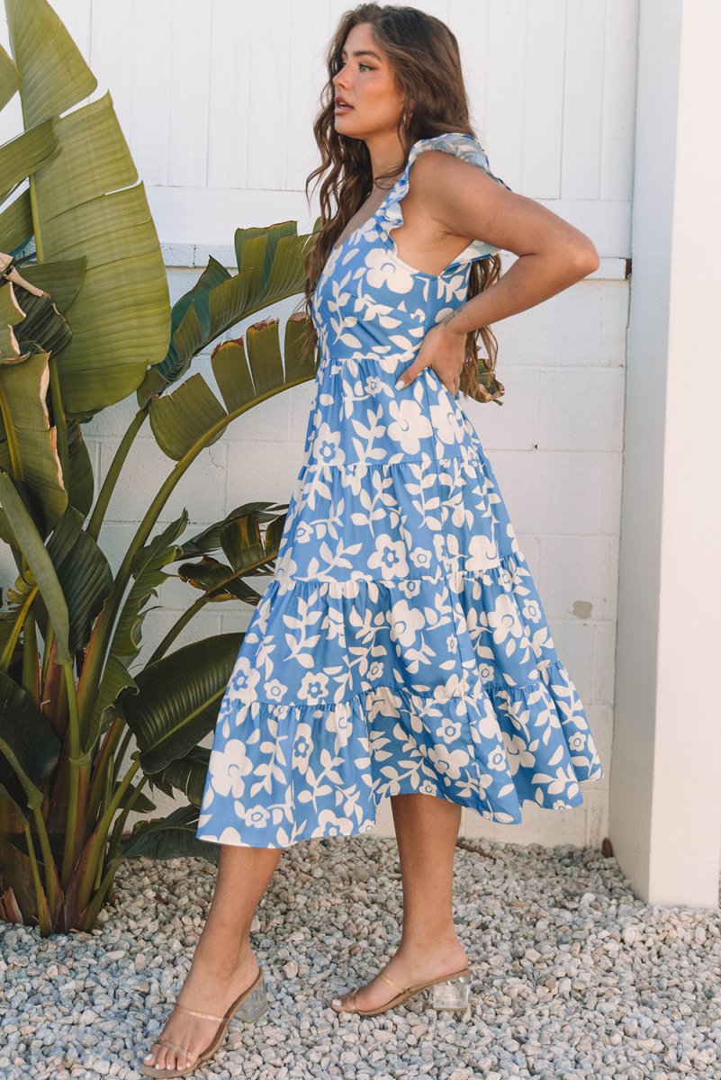 Sky Blue Floral U Neck Flutter Shoulder Tiered Flowy Dress - Love Salve 