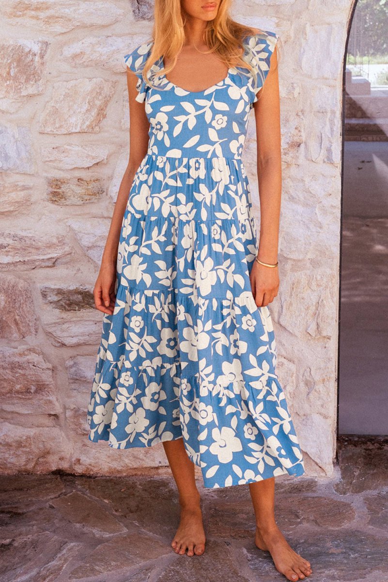 Sky Blue Floral U Neck Flutter Shoulder Tiered Flowy Dress - Love Salve 