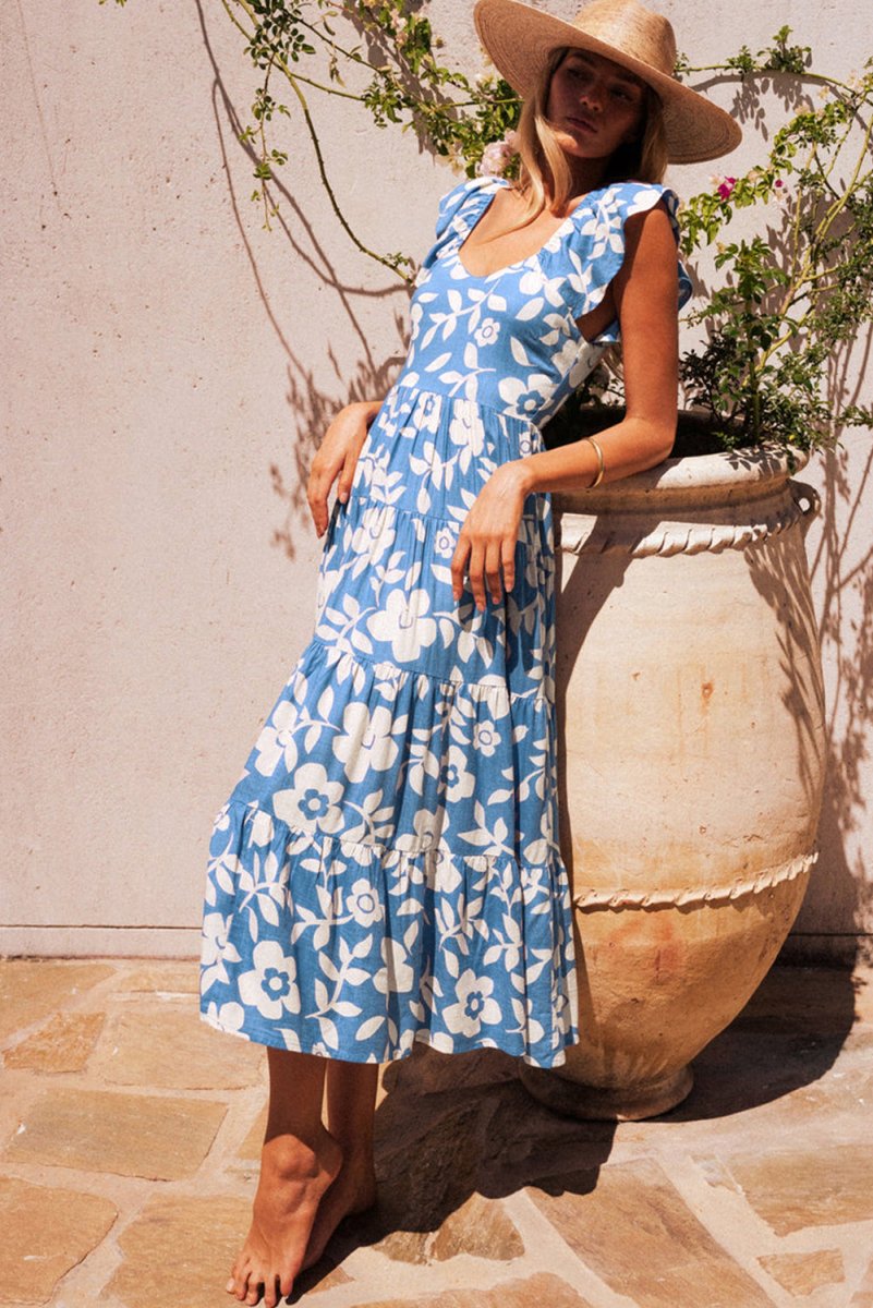 Sky Blue Floral U Neck Flutter Shoulder Tiered Flowy Dress - Love Salve 