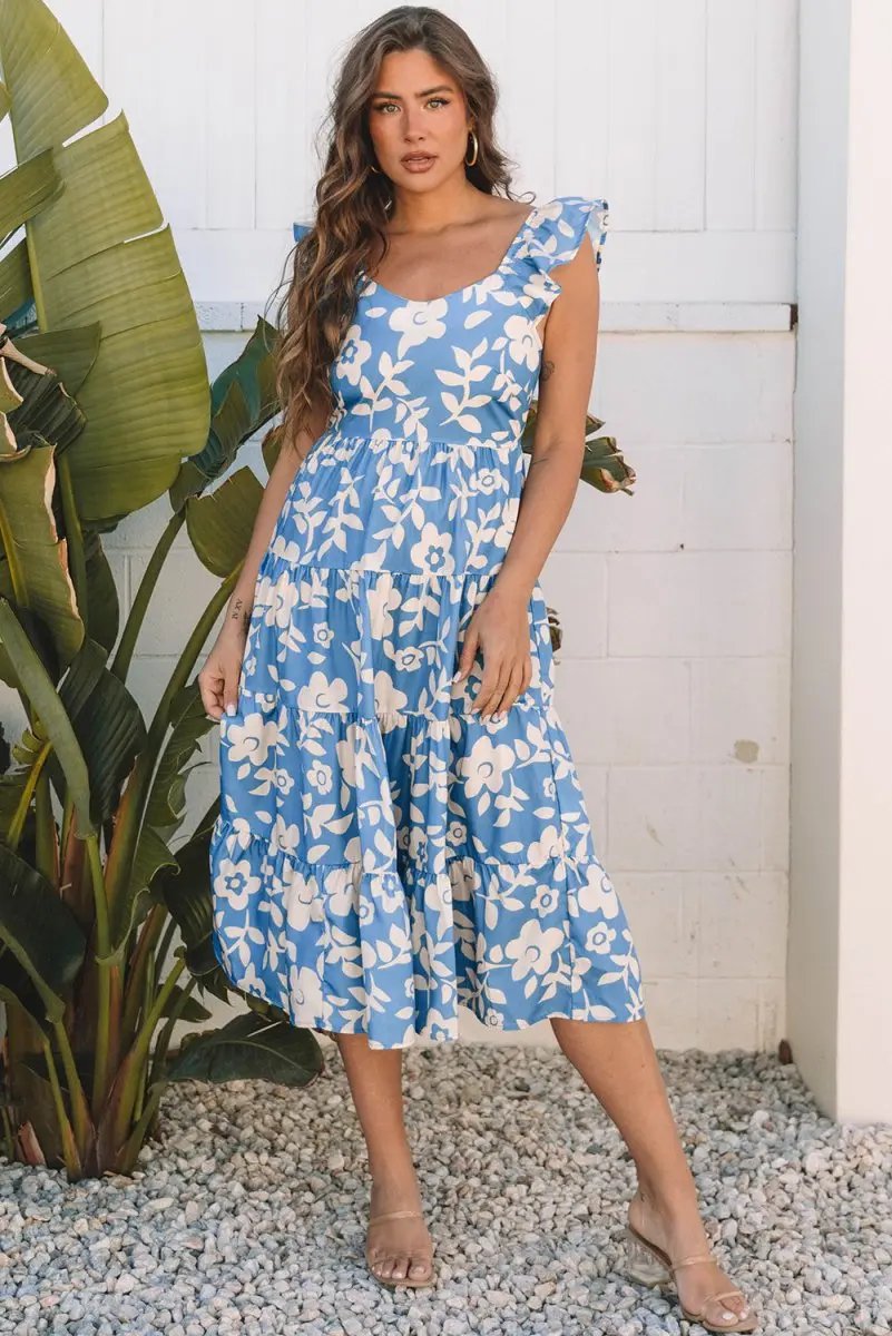 Sky Blue Floral U Neck Flutter Shoulder Tiered Flowy Dress - Love Salve 