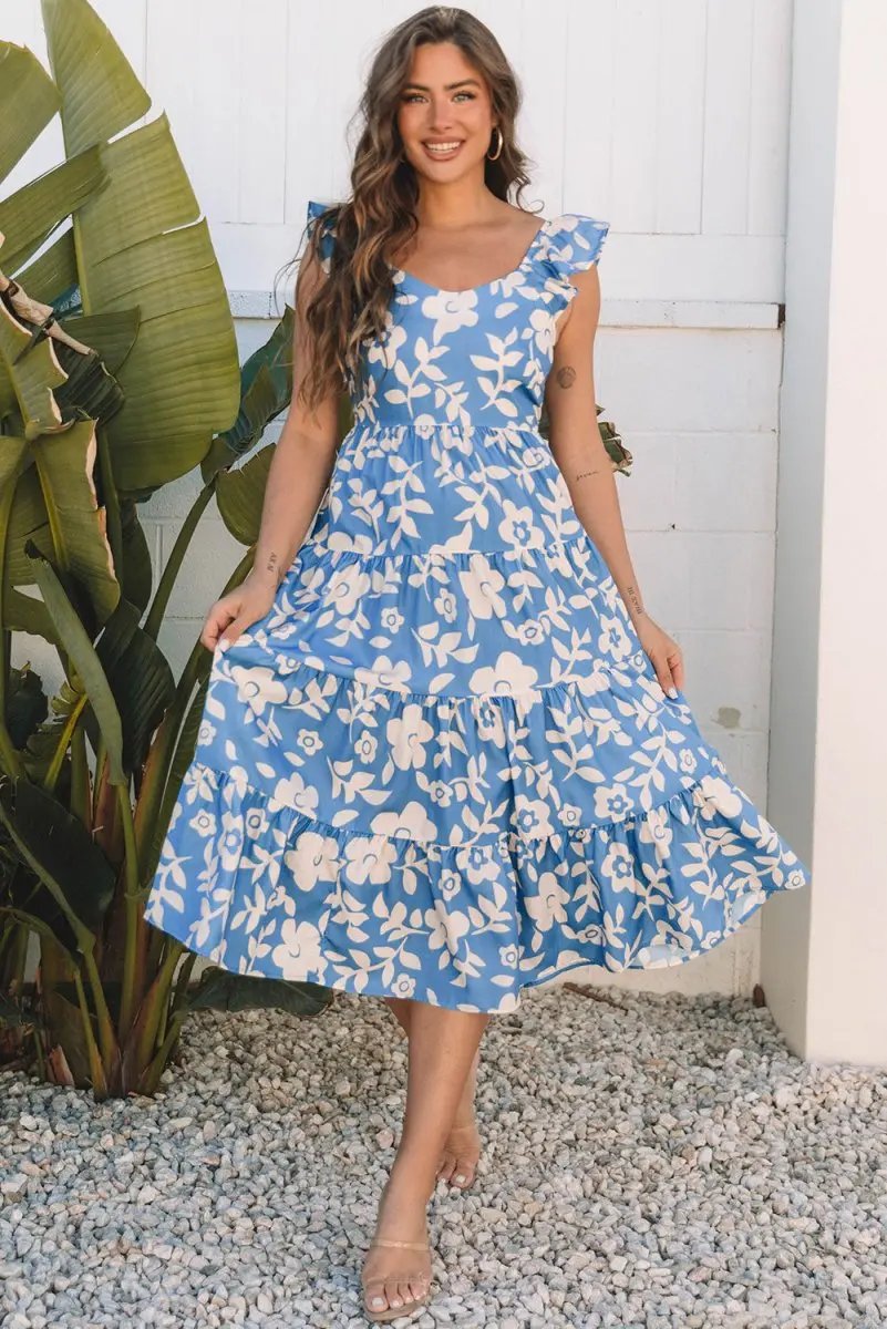 Sky Blue Floral U Neck Flutter Shoulder Tiered Flowy Dress - Love Salve 