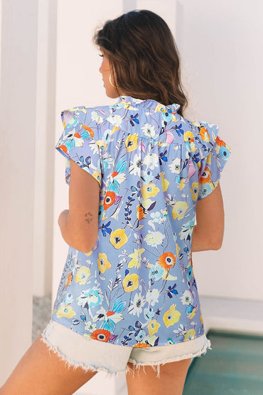 Sky Blue Flutter Sleeve V Neck Floral Top for Women - Love Salve 