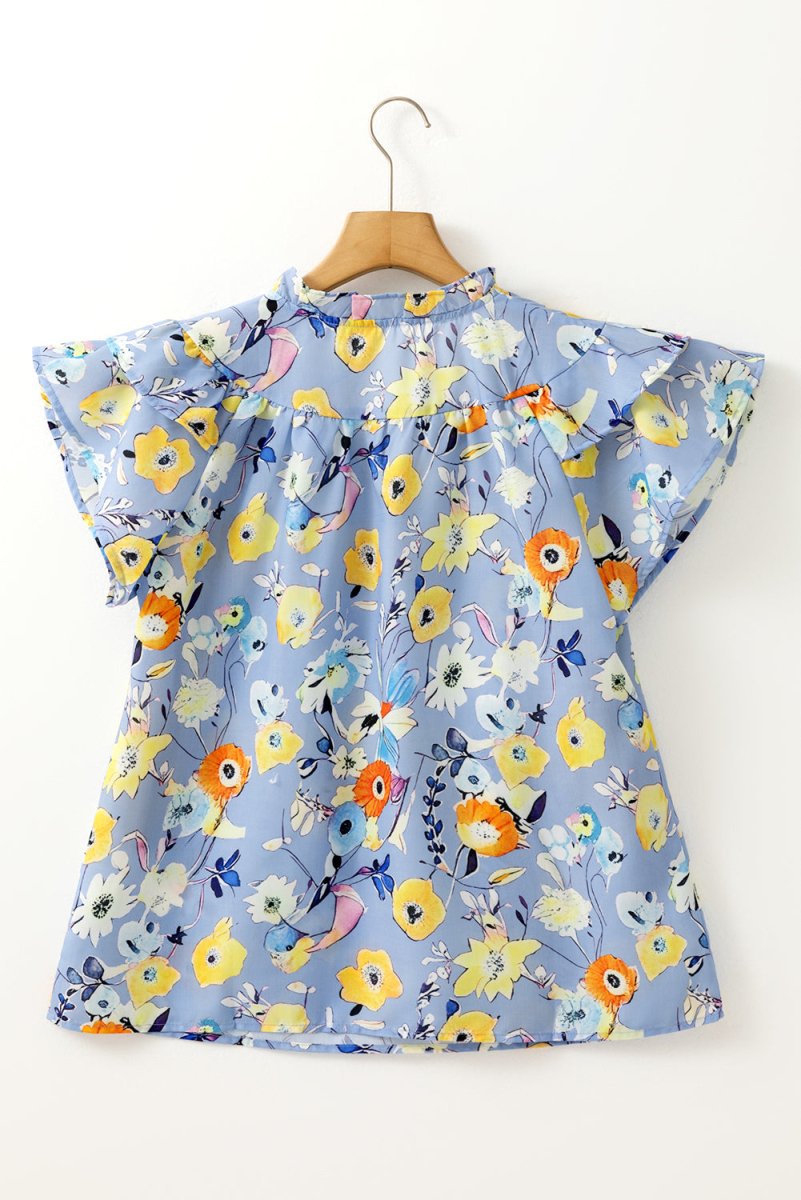 Sky Blue Flutter Sleeve V Neck Floral Top for Women - Love Salve 