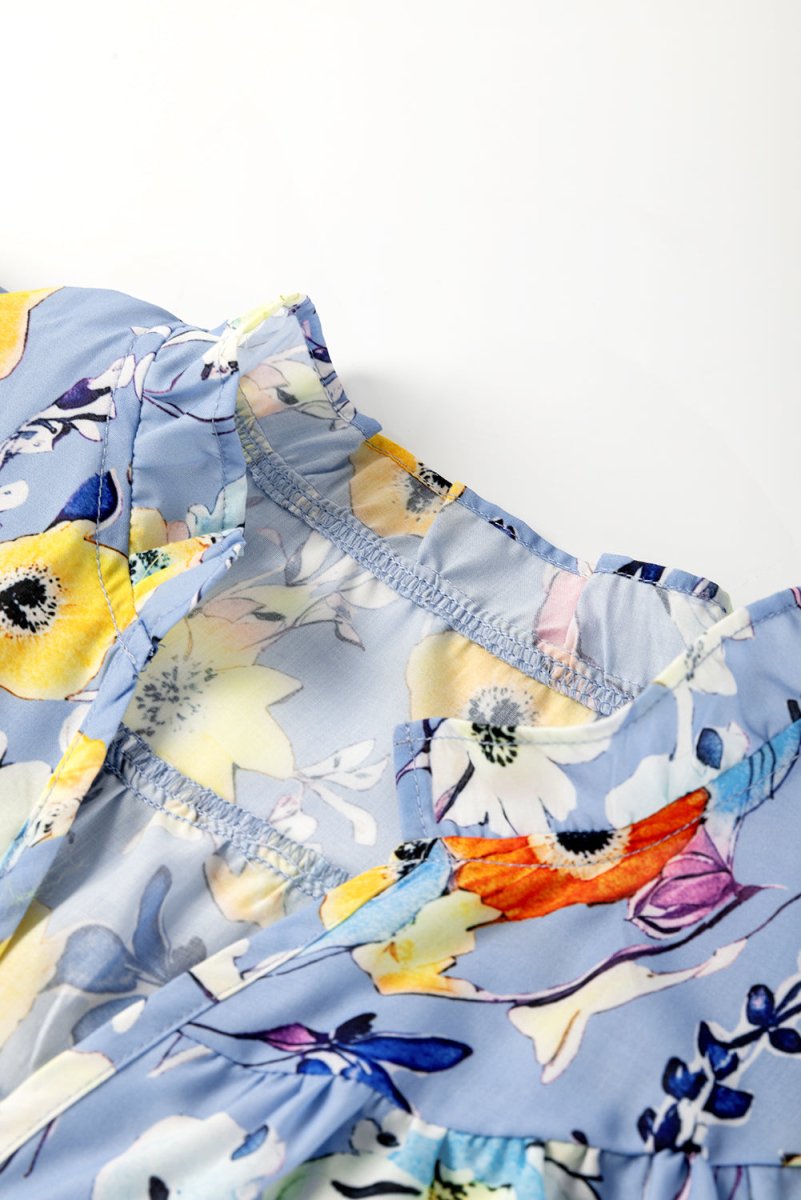 Sky Blue Flutter Sleeve V Neck Floral Top for Women - Love Salve 